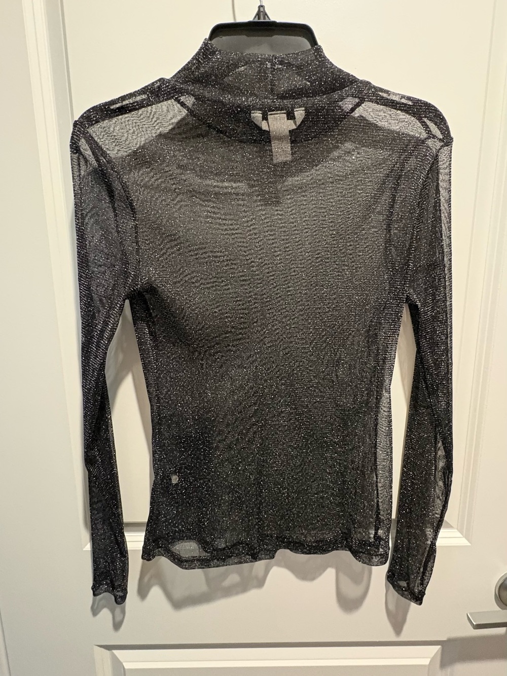 H&M Black Sparkle Sheer Long-Sleeve Mock Neck Top